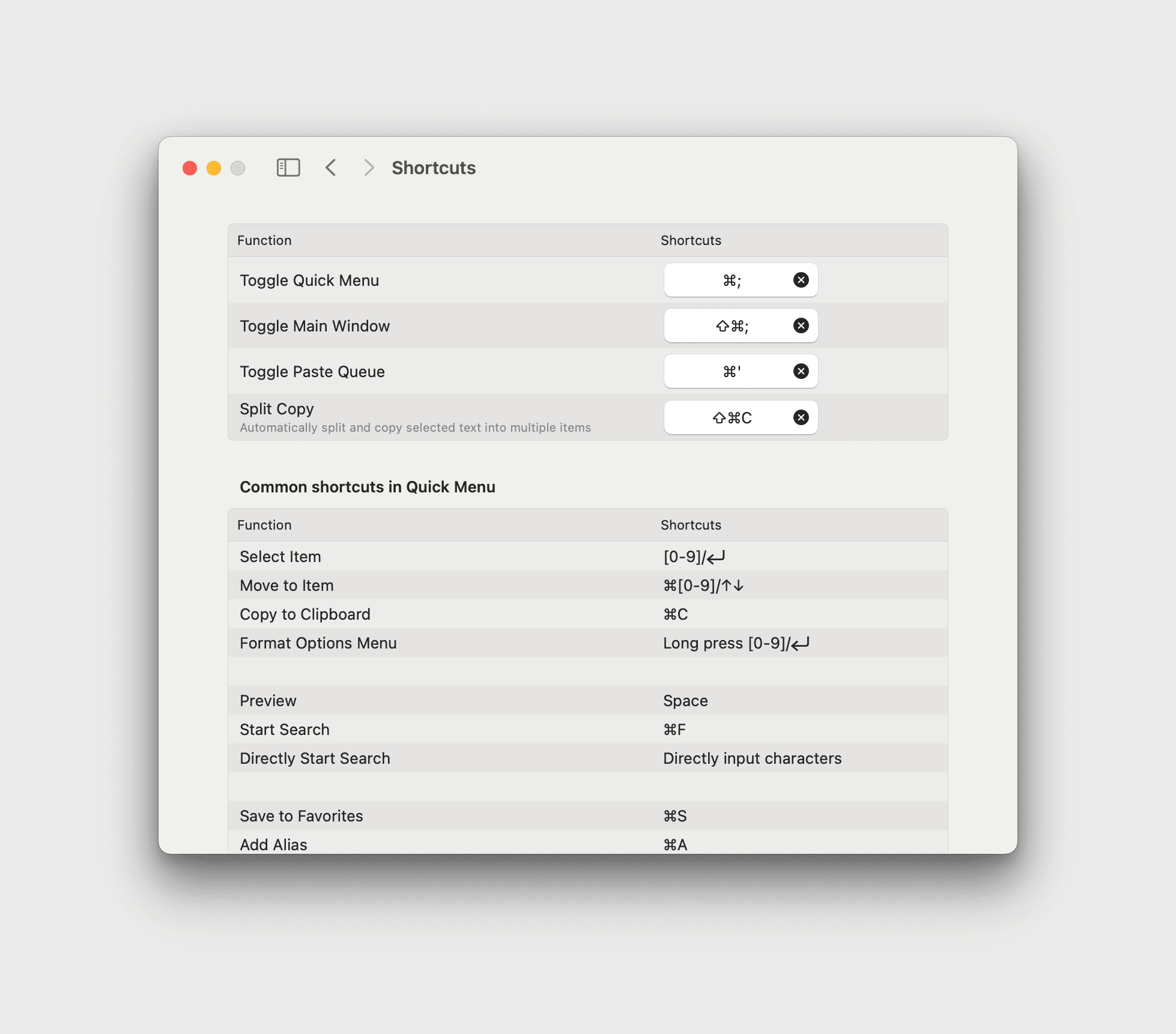 CleanClip Shortcuts Settings